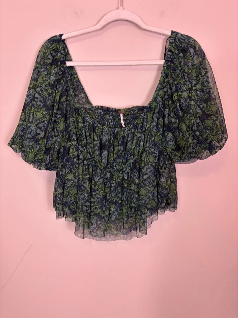 Free People Navy and Green Floral Square Neckline Short Sleeve Blouse Top XL